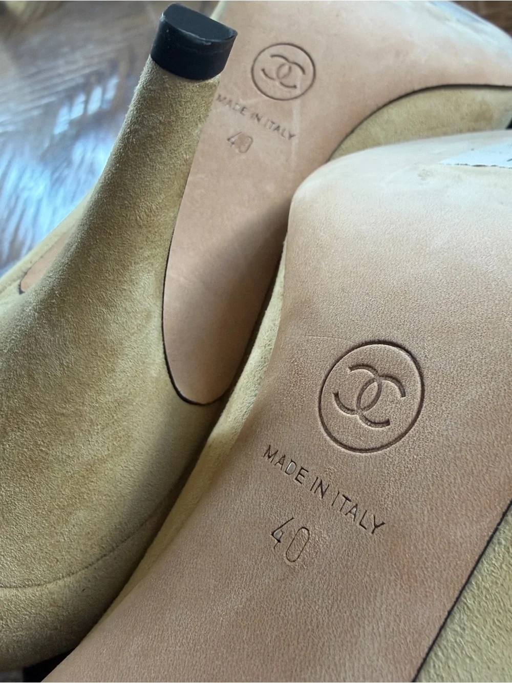 CHANEL Two-Tone Suede & Fabric Bow Pumps in Beige and Black